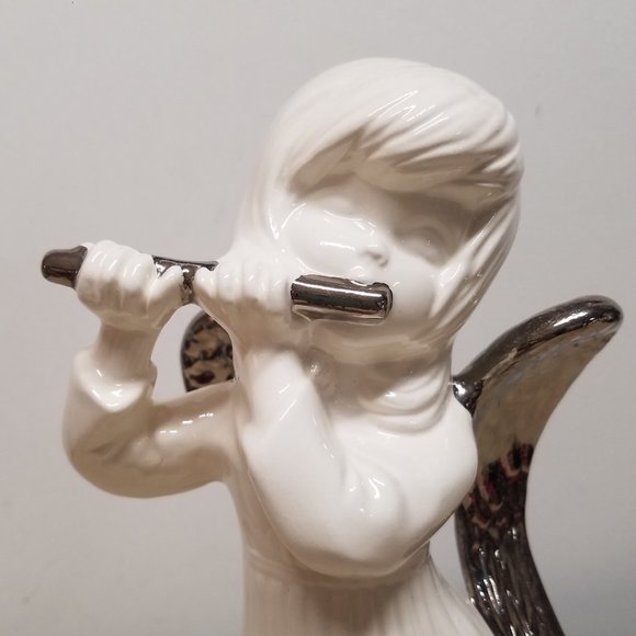 Atlantic Mold White, Sliver Angel Playing Flute Ceramic Christmas 12" Figure - Picture 2 of 8